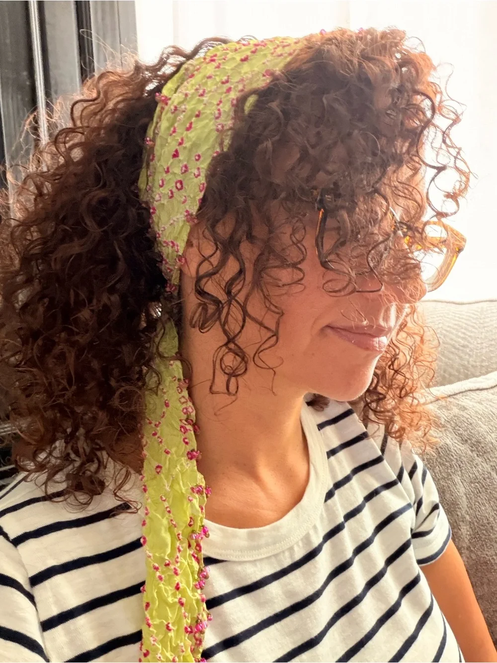 Light Green & Pink Beaded Ruffled Silk Scarf - Tie Dye Scarf #629